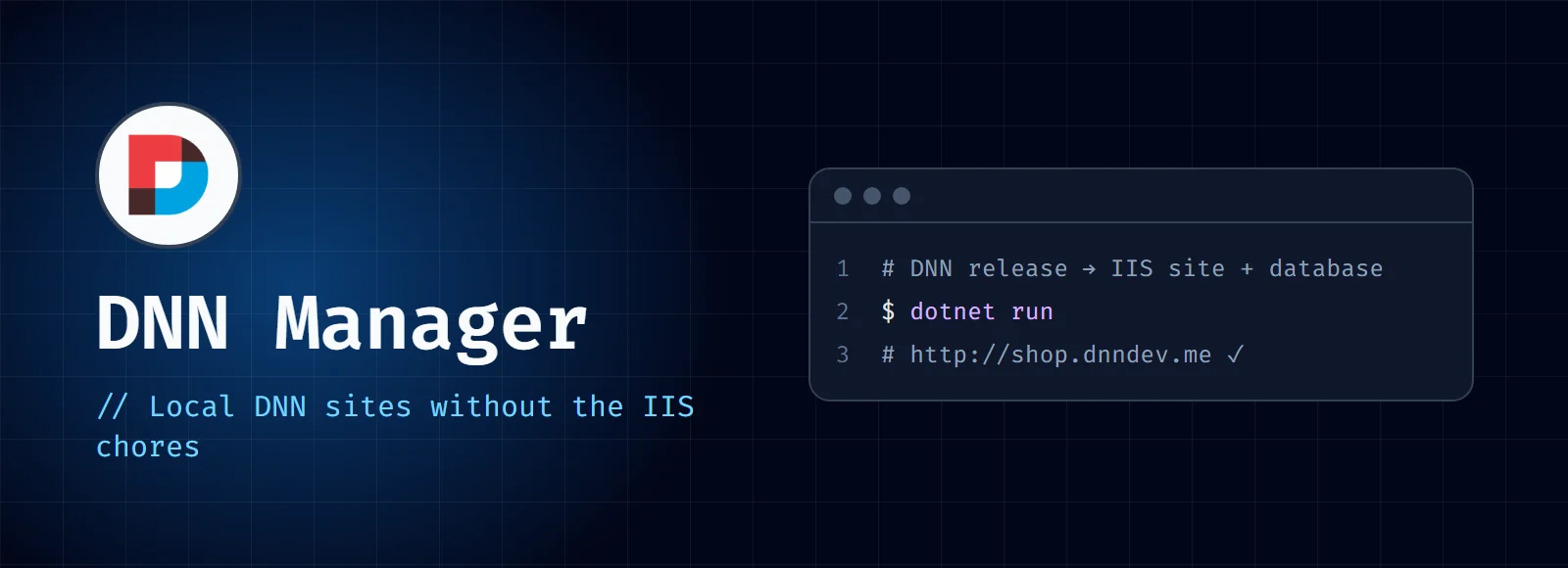 DNN Manager cover: the DNN logo with the title and "Local DNN sites without the IIS chores" next to a code window
