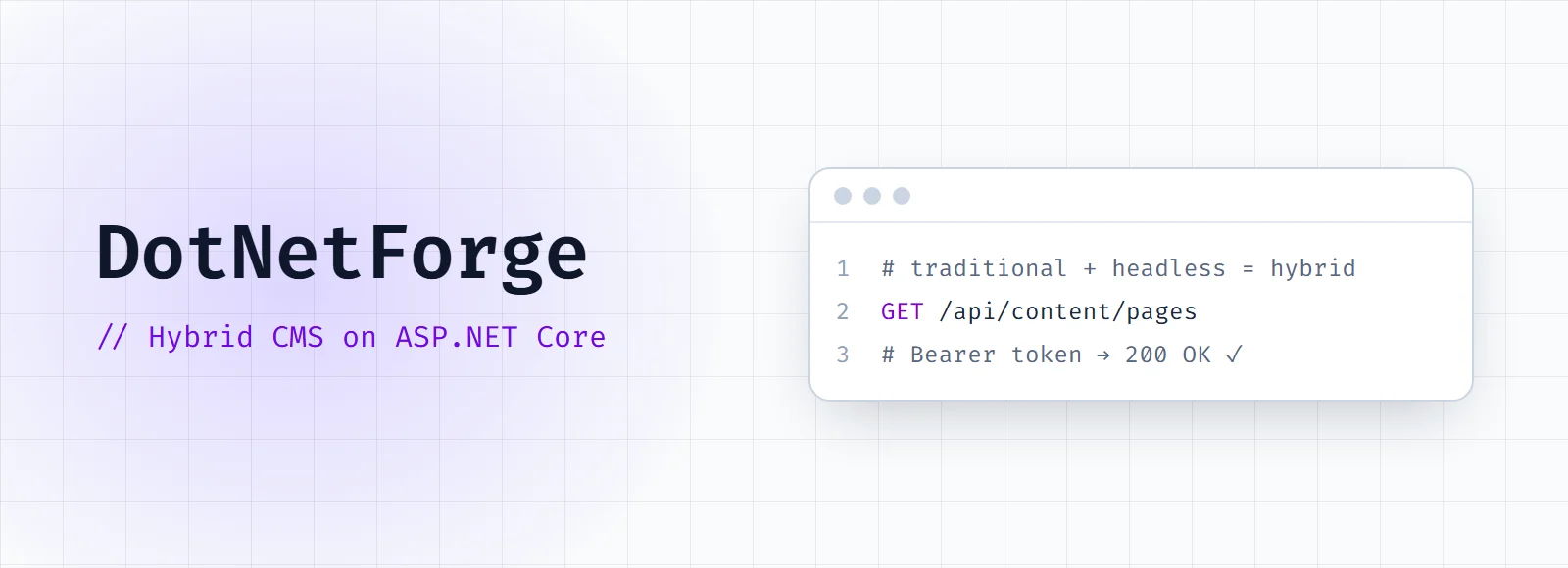 DotNetForge cover: the title and "Hybrid CMS on ASP.NET Core" next to a code window
