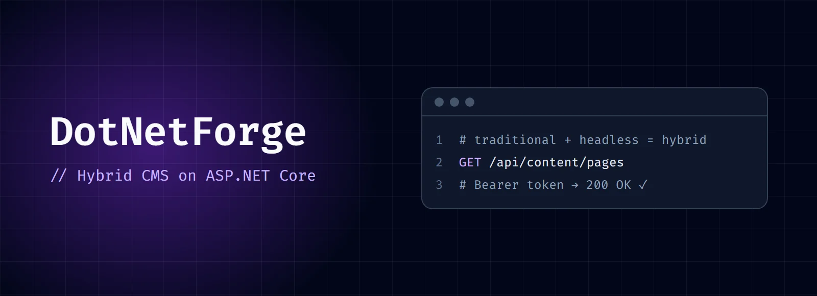 DotNetForge cover: the title and "Hybrid CMS on ASP.NET Core" next to a code window