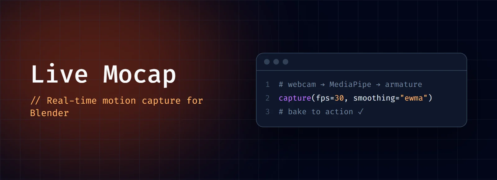 Live Mocap cover: the title and "Real-time motion capture for Blender" next to a small code window